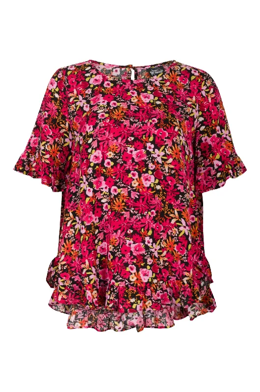 Sustainable Fashion Extravaganza Viscose Top with ruffles | Pink Blooms | 7331A1