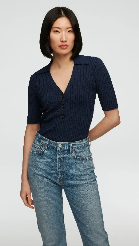 Fresh Fashion Discounts Ribbed Collar Top in Stretch Rayon | Navy