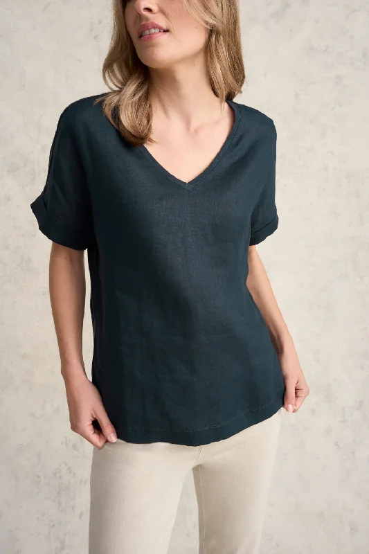 Unleash Your Trendy Side Linen Mix V-Neck Top - Ink