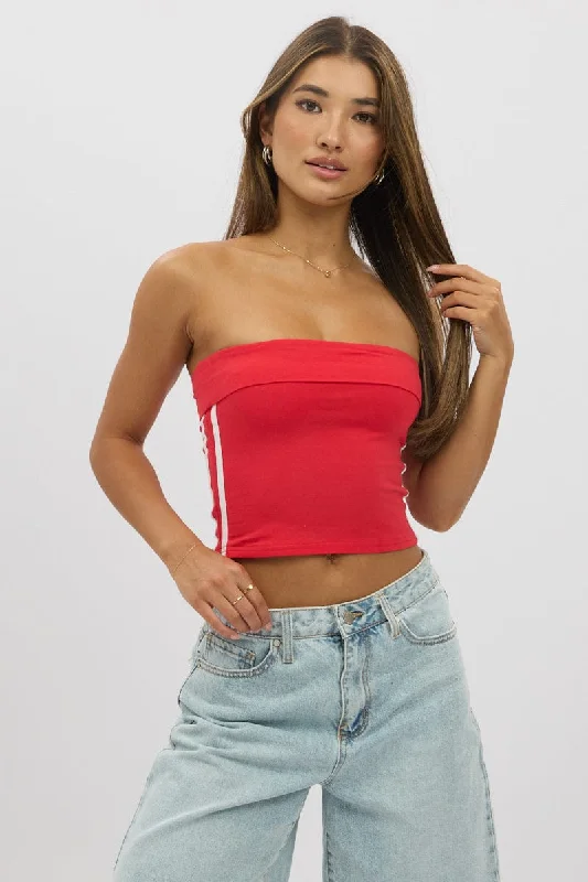 Vintage-Modern Style Offers Red Bandeau Top Side Stripe Fold Over