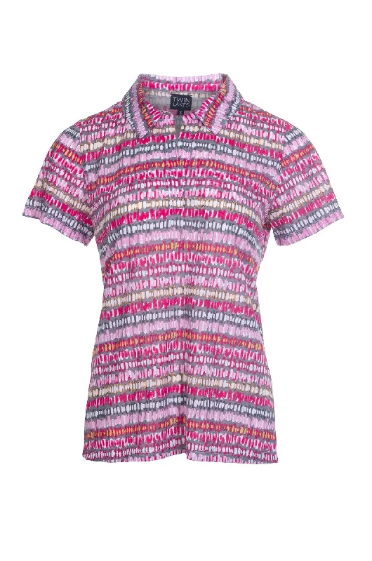 Style Without Limits Printed Poly Slub Top with collar | Cerise Silver Abstract | 6744A1