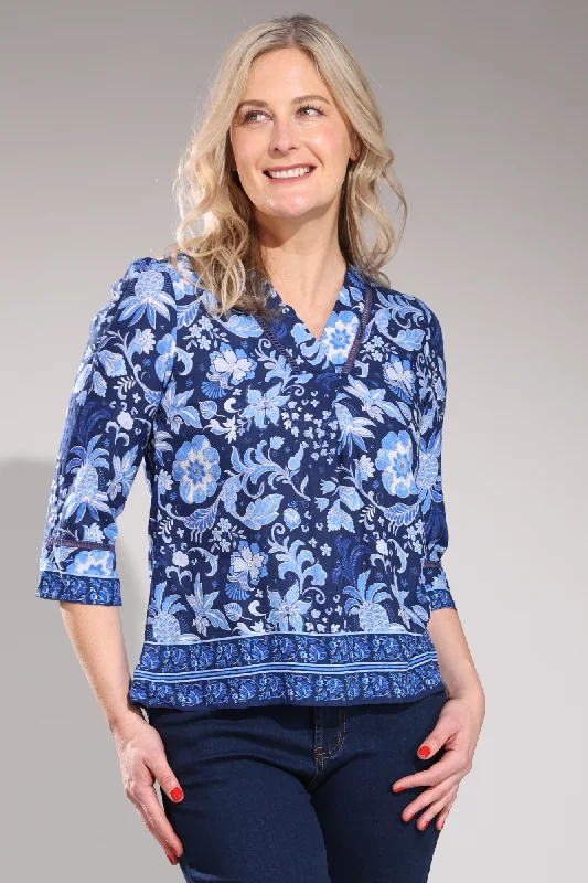 Limited Time Special Offer 3/4 sleeve Top with ladder lace | Navy Garden Border | 6545A1