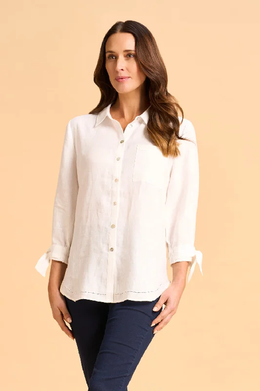 Bold Style Discounts Tie Sleeve Linen Shirt - White