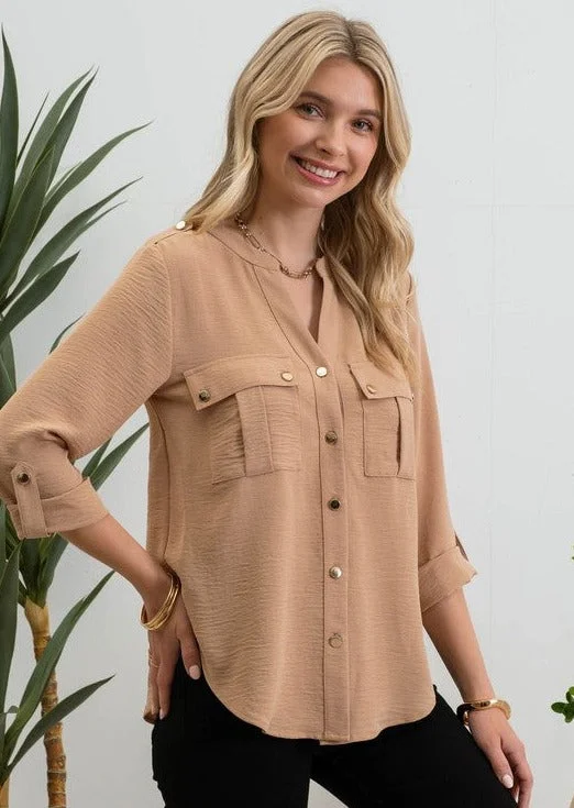 Affordable Trendy Fashion Karissa 3/4 Sleeve Gold Button Top - 2 Colors!