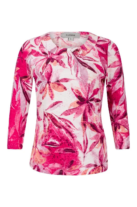 Limited Time Offer 3/4 sleeve Top with neckline gather | CERISE FLOWER | 9121A1