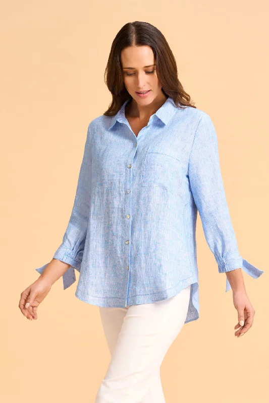 Romantic Fashion Discounts Tie Sleeve Linen Shirt - Chambray Cross Dye