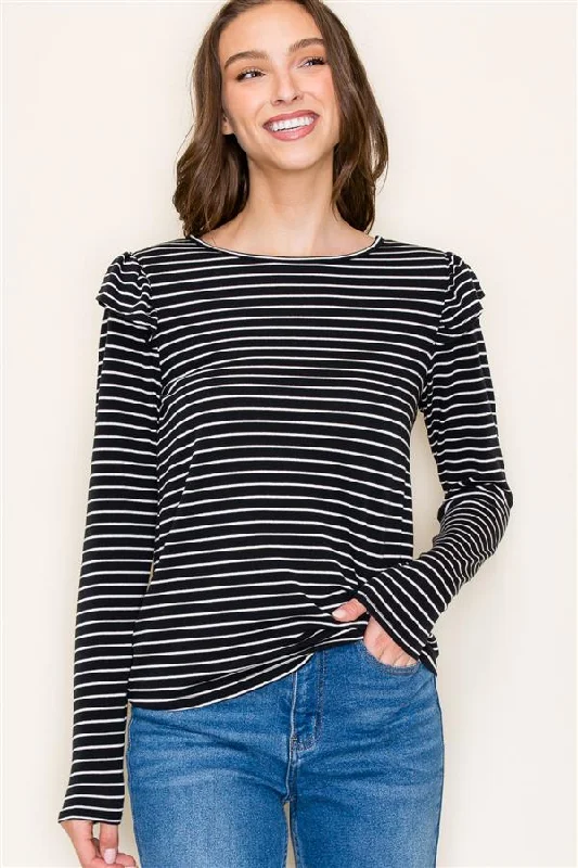 Edgy Fashion Deals Soft Black Striped Ruffle Top