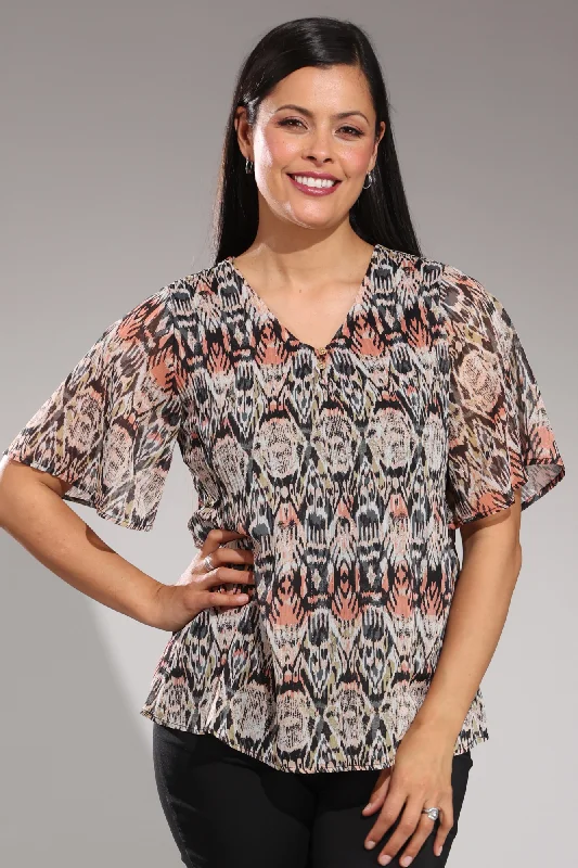 Unbeatable Deals Mini pleat printed Chiffon Top | Natural Coral Aztec | 8572A1