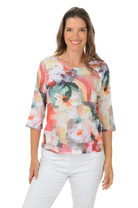 Latest Fashion Floral Rainbow Raglan Elbow Sleeve Top