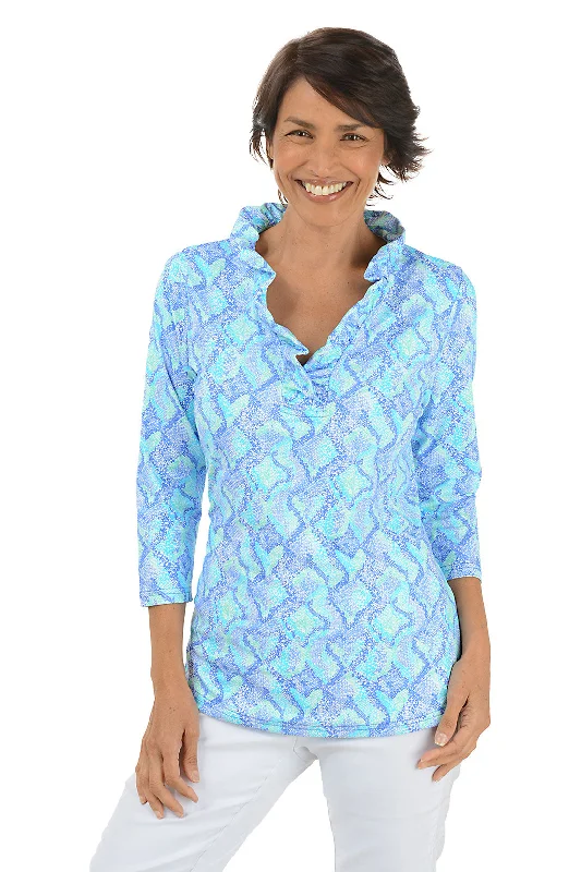 Weekend Exclusive Blue Snake Hearts Ruffle Neck UPF50+ Top