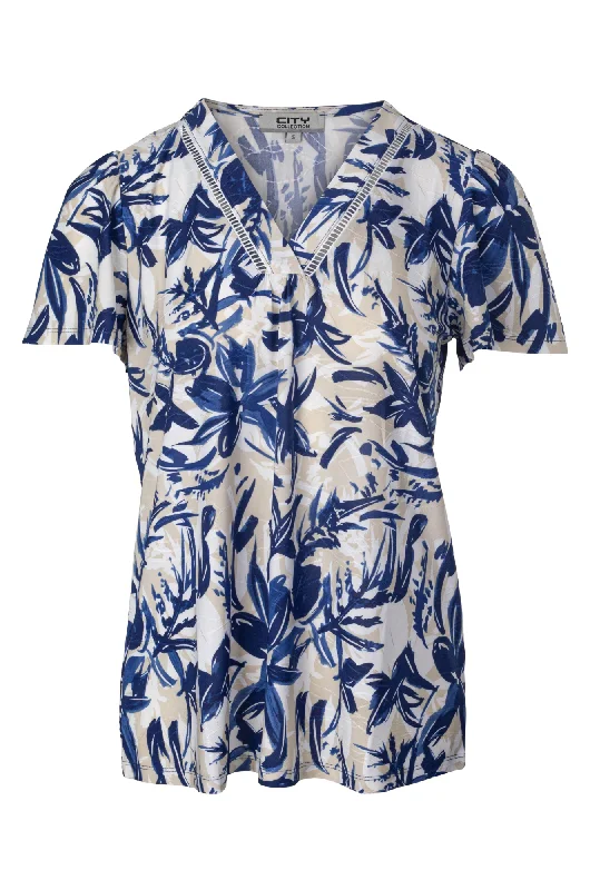 Refined Fashion Sale Printed Slinky Top with | Indigo Sand Flower | 7405A1