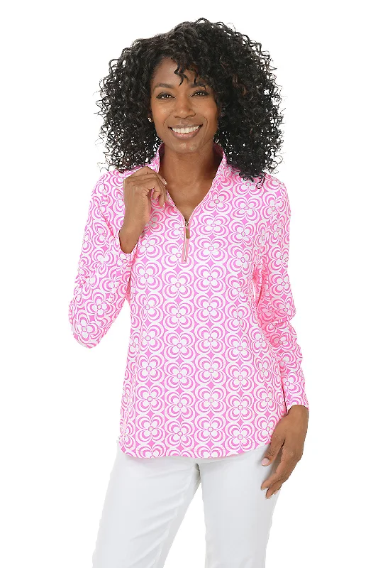 Massive Savings Pink Optical Daisy Mock Neck UPF50+ Top