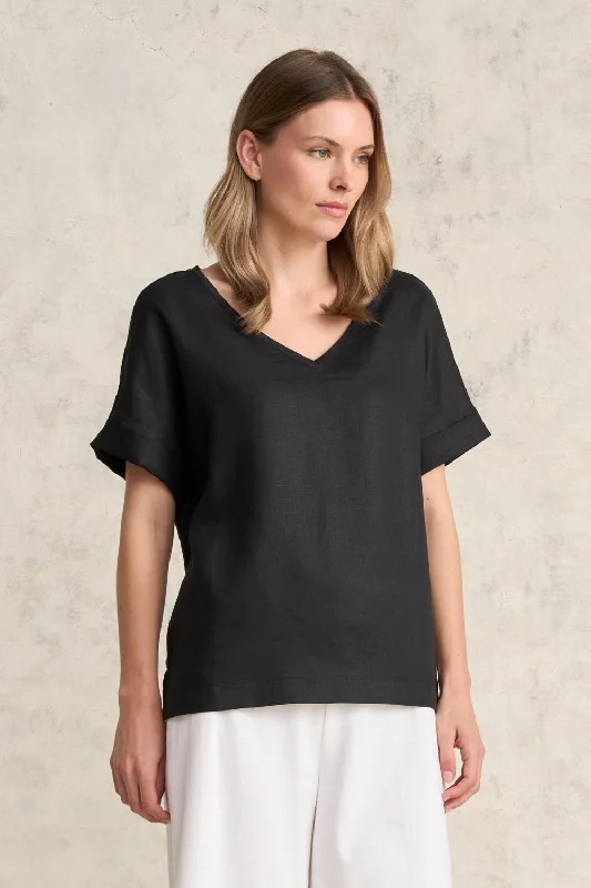 Chic Style, Always In Vogue Linen Mix V-Neck Top - Black