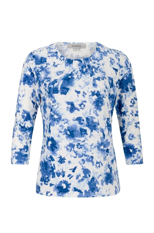 Huge Price Cut 3/4 sleeve Top with neckline gather | Indigo White Floral | 9121A1