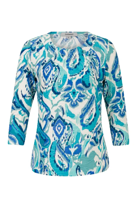 Huge Markdowns 3/4 sleeve Top with neckline gather | Sage Blues Abstract | 9121A1