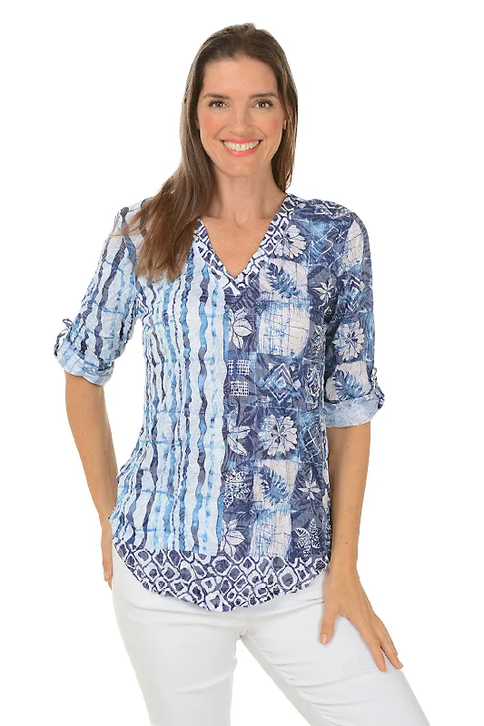 Edgy Fashion Deals Shibori Leaves V-Neck Crinkle Top