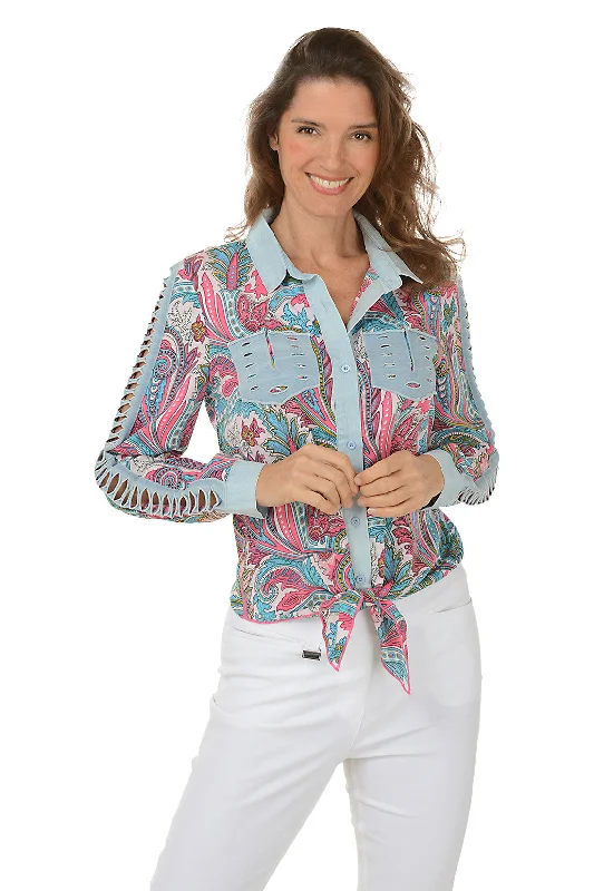 The Latest Fashion Trends Pink Slashed Paisley Tie-Front Shirt