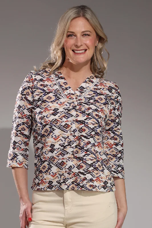 Find Your Unique Flair 3/4 sleeve Top with ladder lace | Indigo Spice Aztec | 6545A1