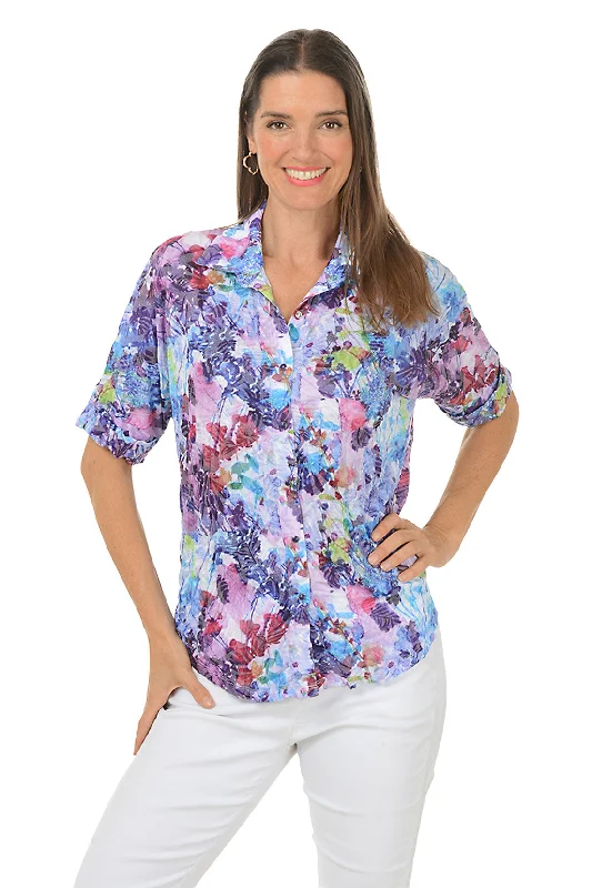 Sophisticated Style Offers Purple Flower Crinkle Button-Front Shirt