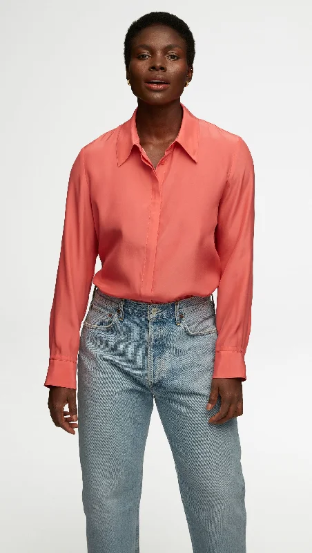 Modern Chic Discounts Collared Shirt in Matte-side Silk Charmeuse | Watermelon