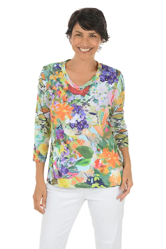 Daily Deals Peonies V-Neck 3/4 Sleeve Top