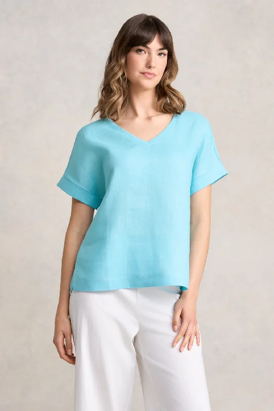 Trendy Fashion Sale Linen Mix V-Neck Top - Blue Lake