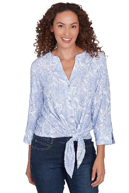 Timeless Elegance Redefined Navy Making Waves Hibiscus Gauze Shirt