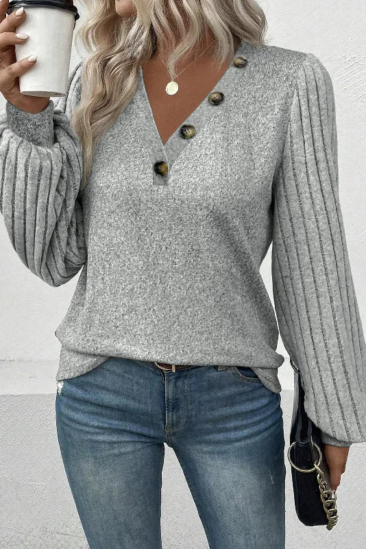 Trend Alert Buttoned V Neck Ribbed Puff Sleeve Top