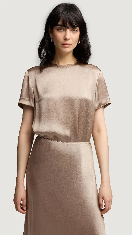 The Good Stuff Woven Top in Viscose Satin | Taupe