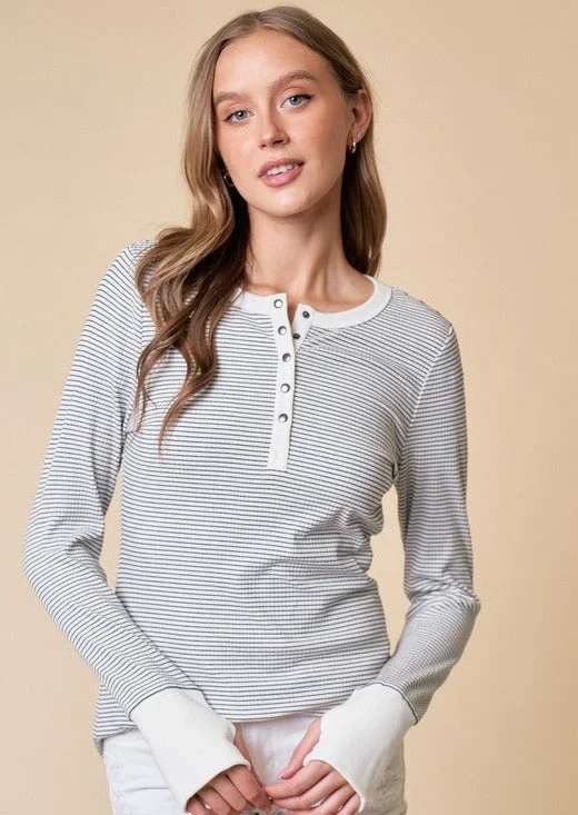 Durable Fashion Picks Erin Striped Thumbhole Henley Tops - 2 Colors!