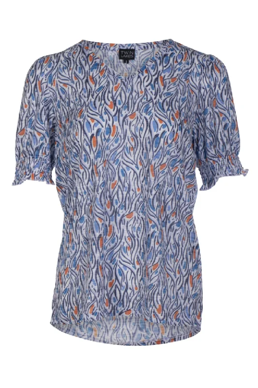 Fashion Forward Femininity V neck Burnout Top | Blues Orange Swirls | 6065AR