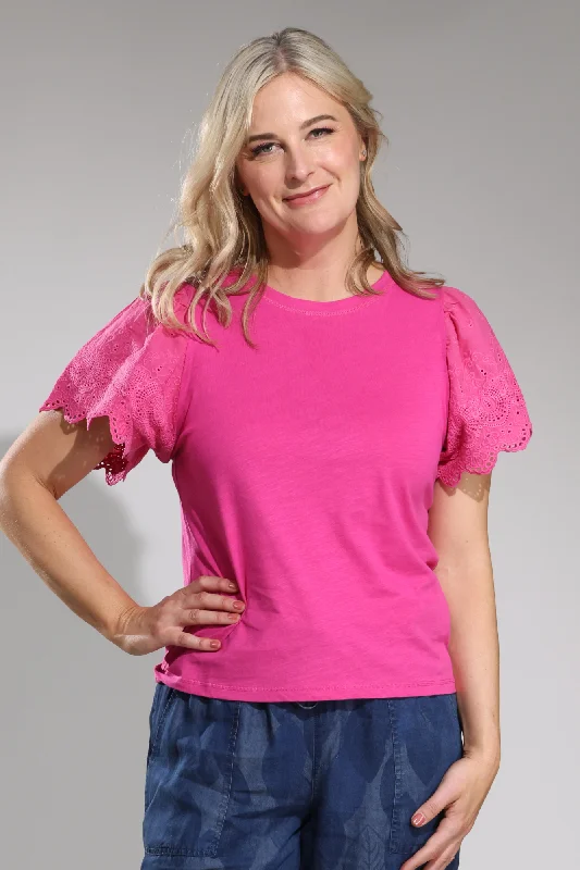 Comfort Meets Fashion Cotton Top with Broderie sleeves | CERISE | 6961A1