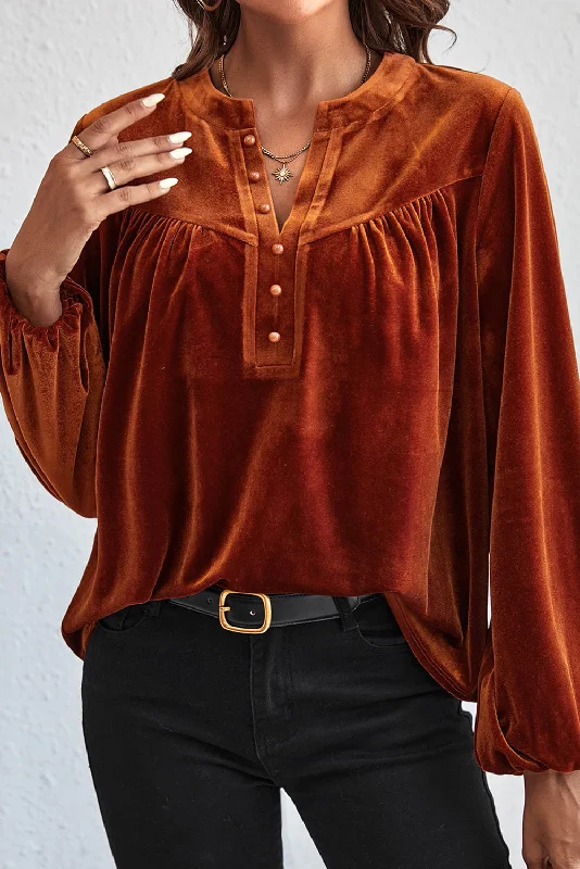 Cozy Comfort Style Sale Lantern Sleeve Beaded Split V Neck Velvet Top