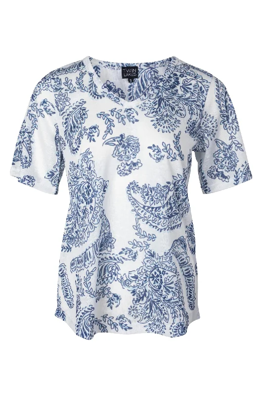 Minimalist Fashion Sale V neck printed Slub Top | BLUES PAISLEY | 6793A1