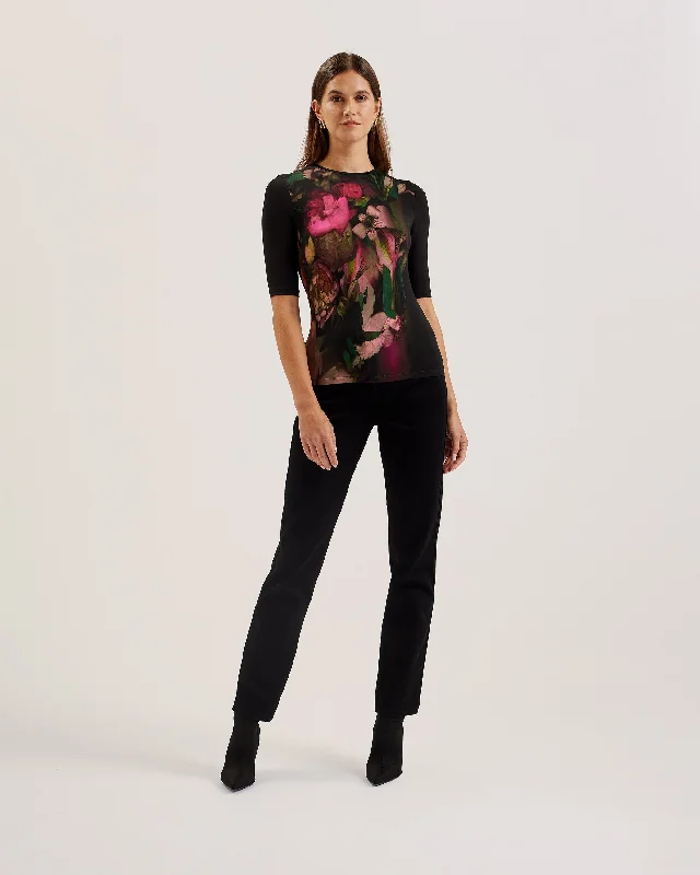 Feminine Style Promotions Floene Printed Skinny Fit Quarter Sleeve Top Black