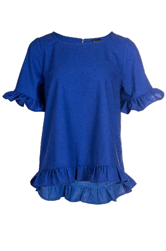 Elegant Fashion Offers Cotton Linen Blend Top with ruffles | MED BLUE | 6775A1