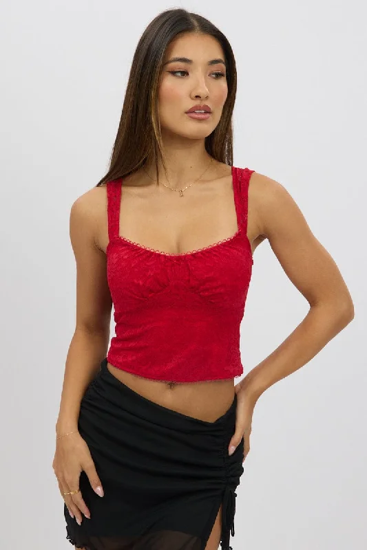 Stay Ahead In Style Red Lace Top Sleeveless