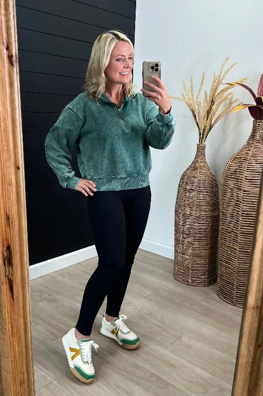 Playful Fashion Offers Hunter Green Acid Wash Half Zip