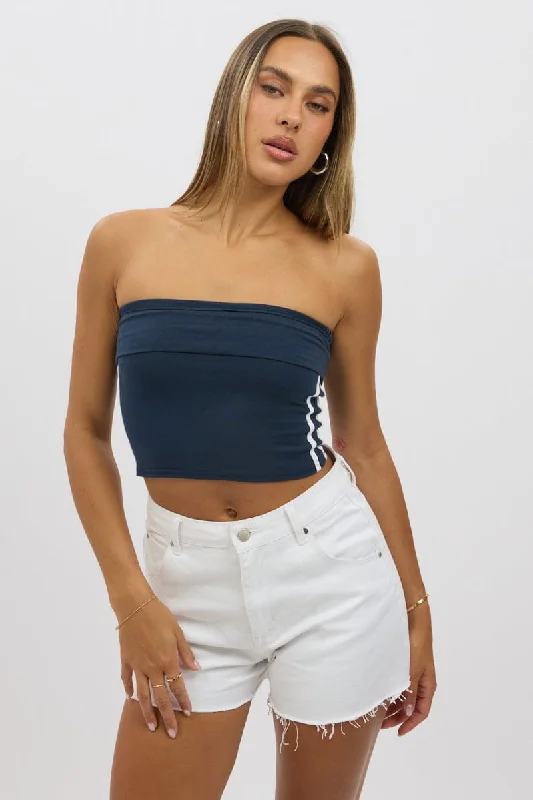 Feminine Luxe Style Sale Blue Bandeau Top Side Stripe Fold Over