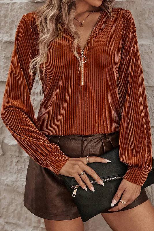 Exclusive Discount Chestnut Half Zip V Neck Ribbed Velvet Top