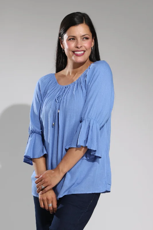 Exclusive Designer Style Deals Frill cuff Soft Drape Top | INDIGO | 4612A1