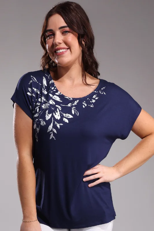 Bold Fashion Sales Plain Top Silver Foil print detail | NAVY/SILVER | 4532A1