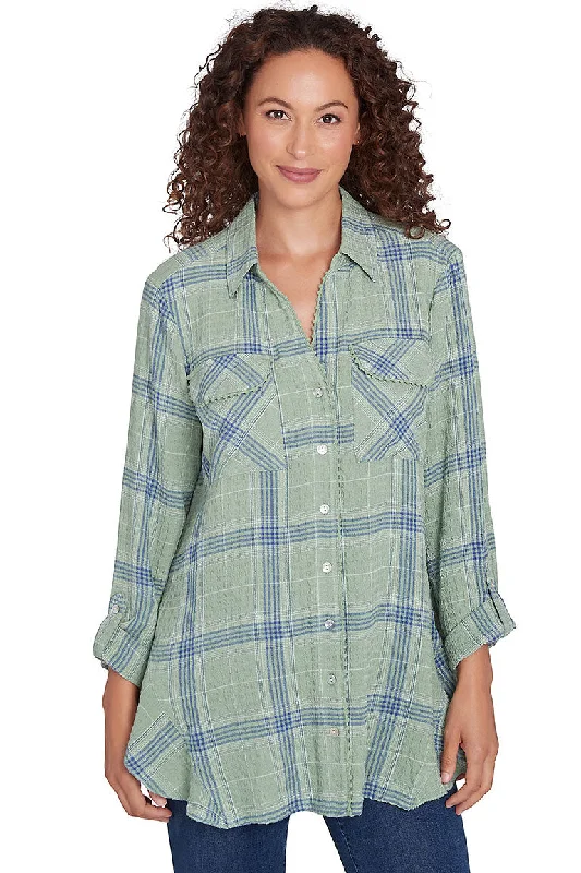 Spring Fashion Basil Plaid Ruffled Crinkle Shirt