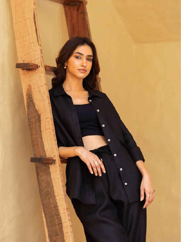 Comfortable Outfit For Women Fashion Sale Black Linen Shirt & Tapered Pants