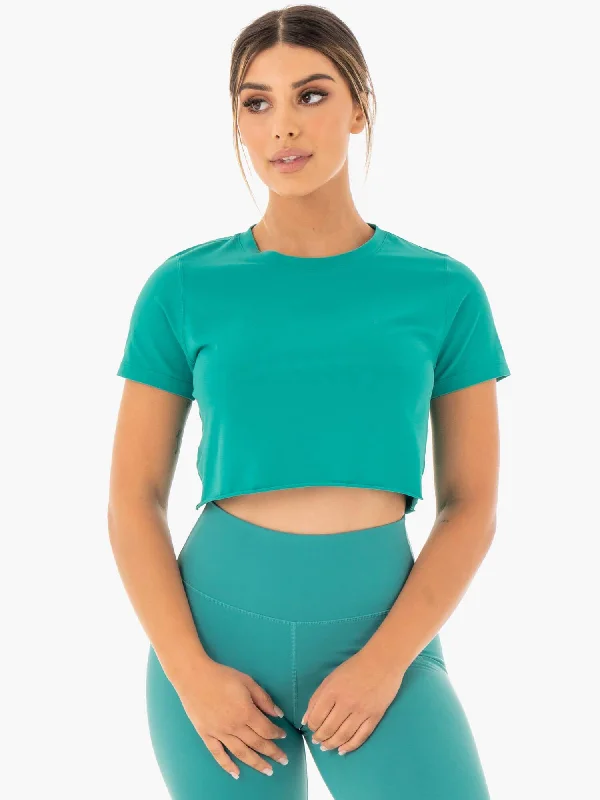 Affordable Women's Clothing Casual Fashion Motion Cropped T-Shirt - Teal