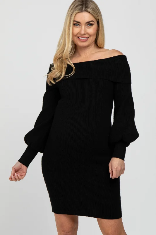 Women's Clothing For Outdoor Activities Fashion-Forward Offers Black Off Shoulder Bubble Sleeve Maternity Sweater Dress