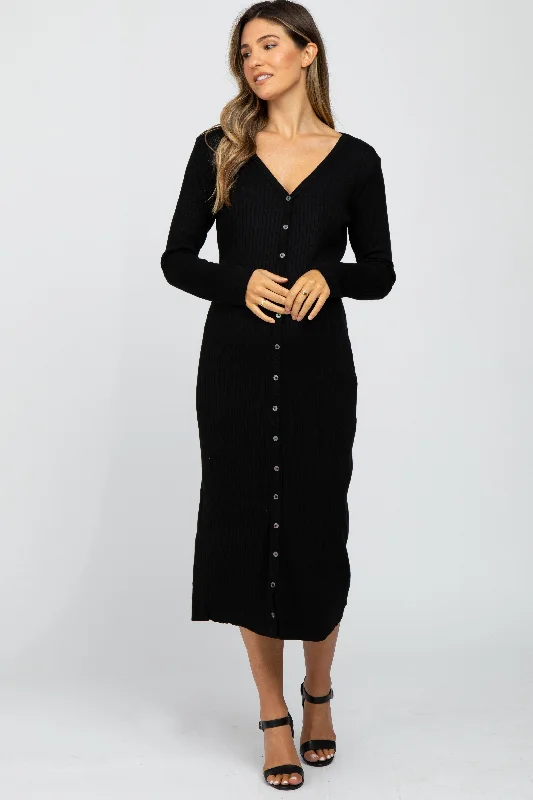 Women's Plus-Size Garments Polished Style Deals Black Ribbed Button Front Midi Cardigan Maternity Dress