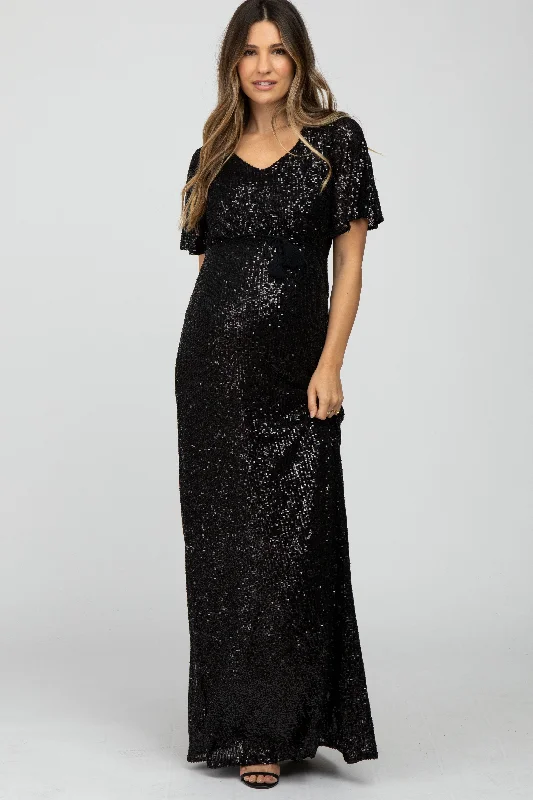 Comfortable Women's Attire Stay Ahead In Style Black Sequin Short Sleeve Maternity Maxi Dress