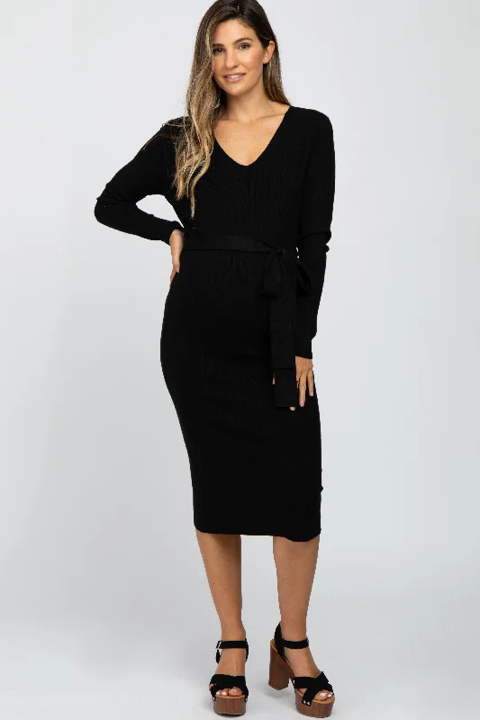 Stylish Women's Outerwear Apparel New Season Fashion Preview Sale Black Tie Front Maternity Sweater Midi Dress