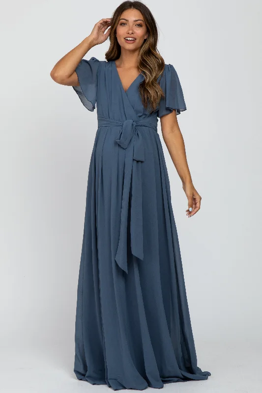 Classic Women's Clothing Styles Bid Farewell To The Old Season Blue Chiffon Short Sleeve Maternity Maxi Dress